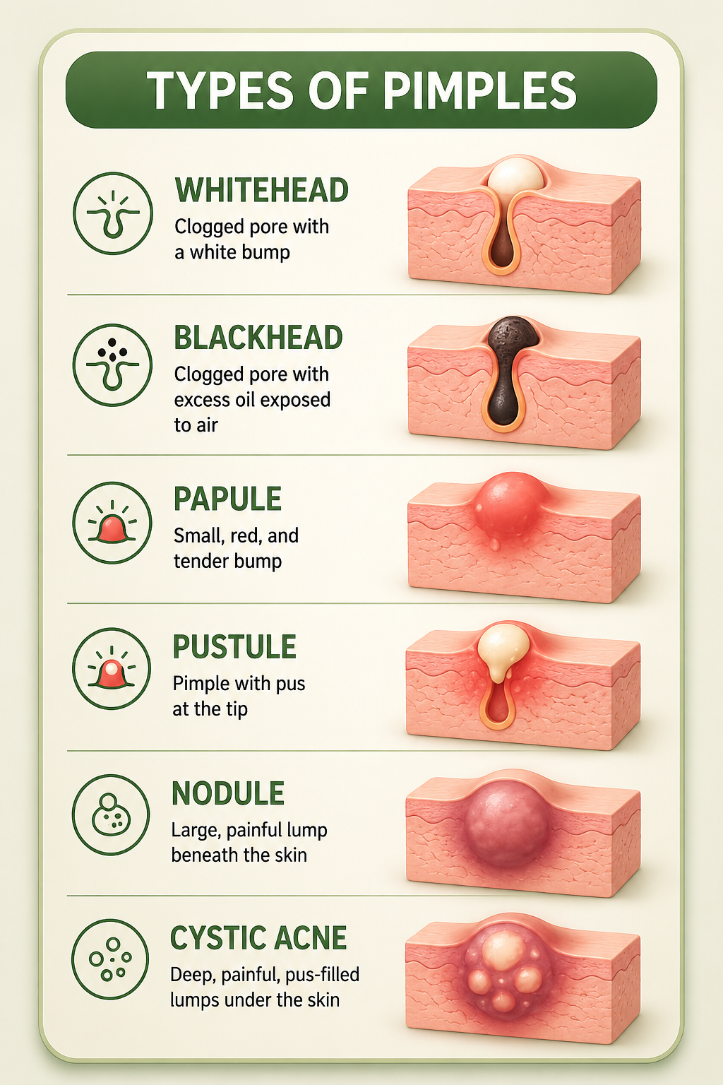 Types of pimples including whiteheads, blackheads, papules, pustules, nodules and cystic acne